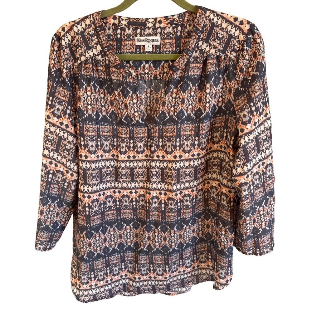 Kim Rogers Womens Large Navy Orange Geometric Tribal Print Henley Blouse Top - Picture 1 of 5